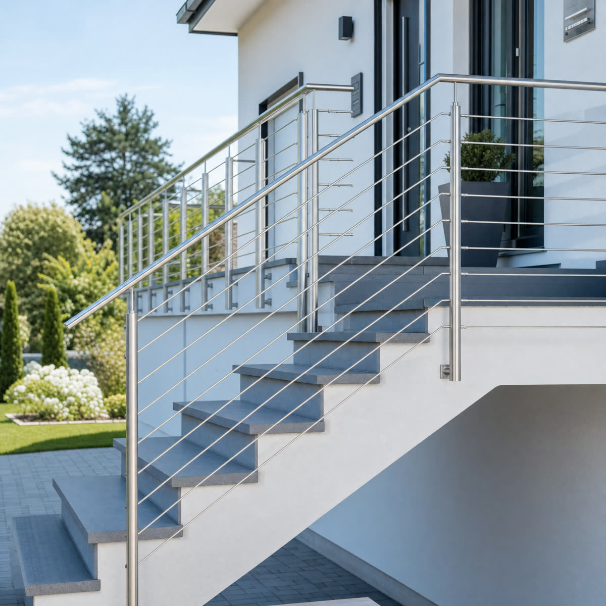 Edelstahlgeländer an einer Terrassentreppe, Beispielansicht